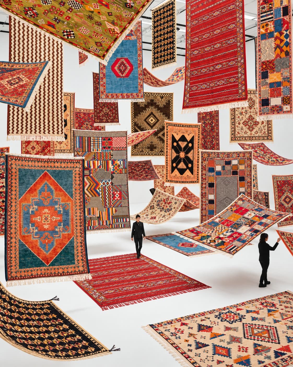Amazigh carpets suspended in a white gallery